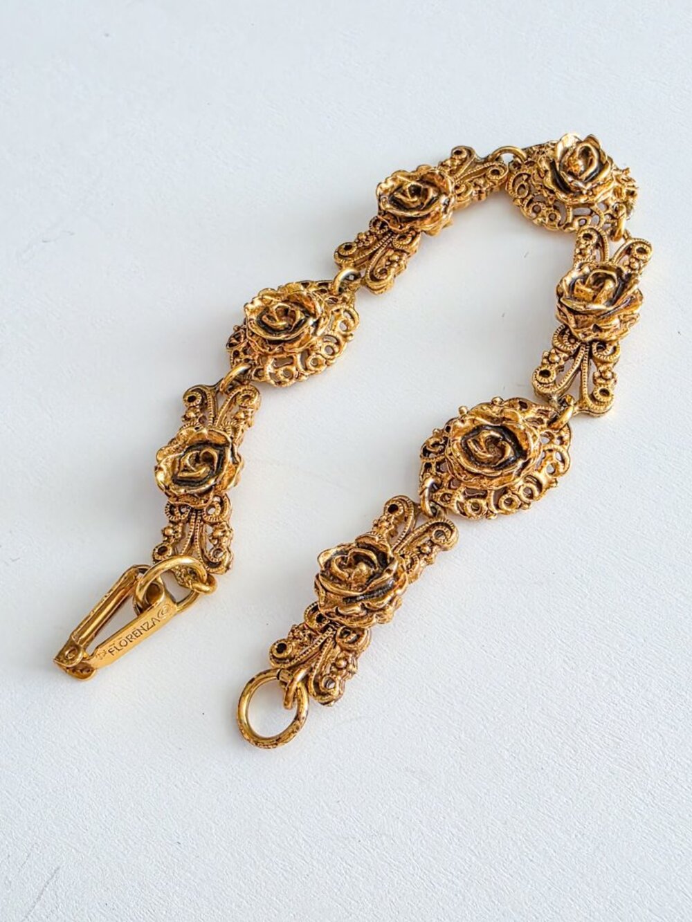 Vintage Florenza Rose Filigree Bracelet Gold Tone Signed 6.75" Floral MCM